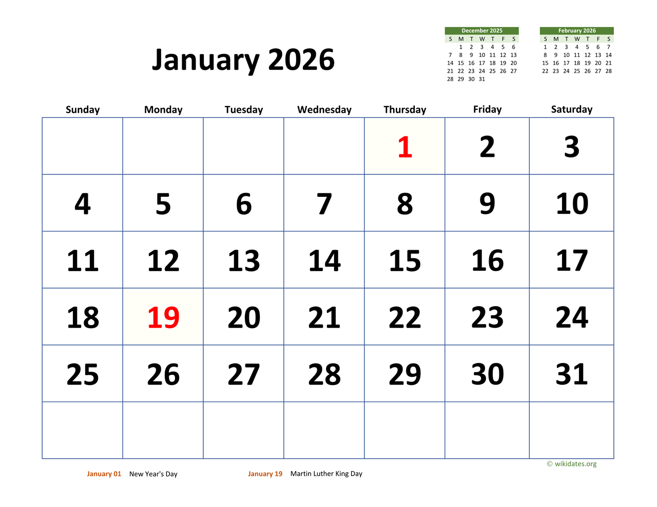 January 2026 Calendar With Extra large Dates WikiDates January 2026 Calendar With Extra large Dates WikiDates