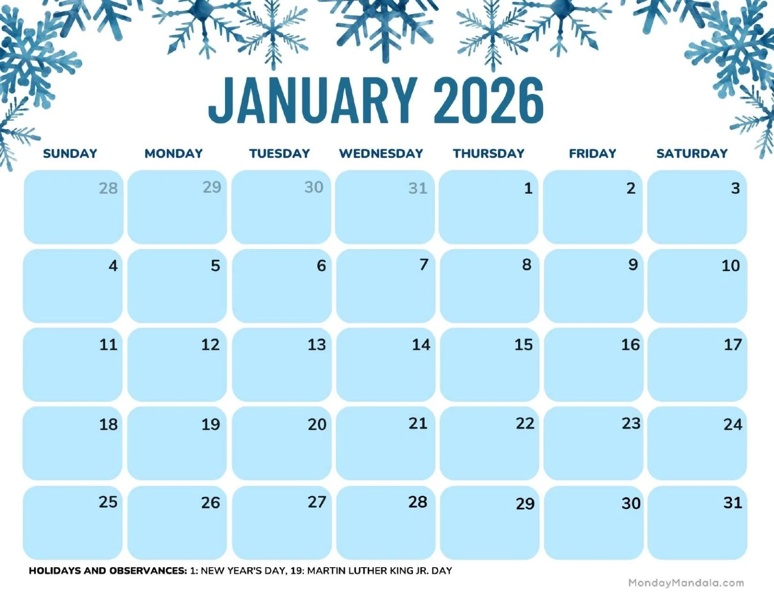 Printable Calendar For January 2026