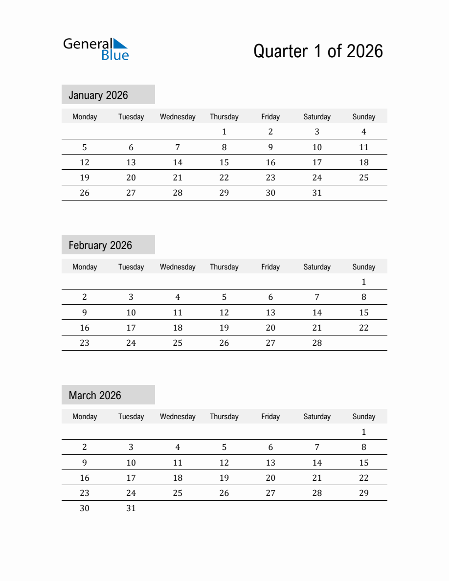 January February And March 2026 Calendar Template