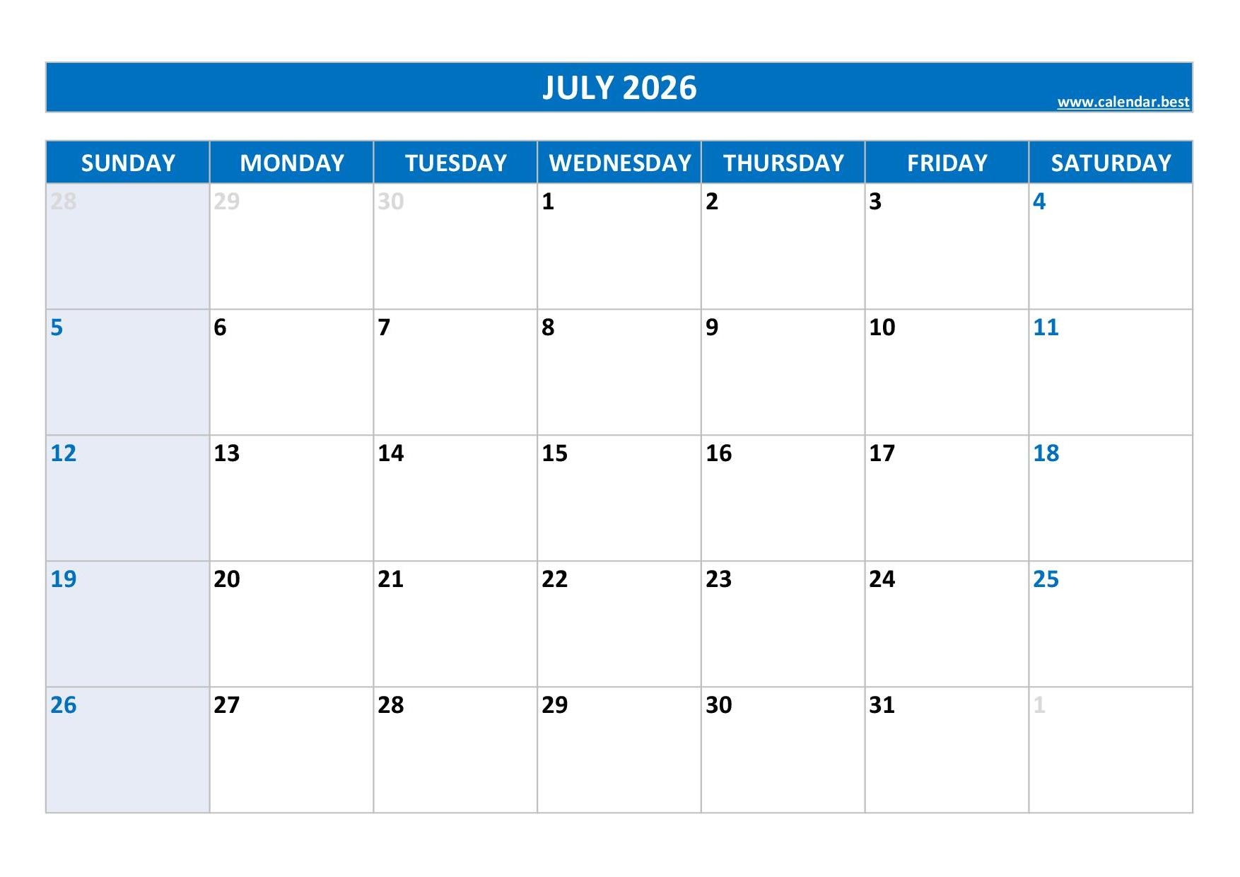 July 2026 Calendar Calendar best July 2026 Calendar Calendar best