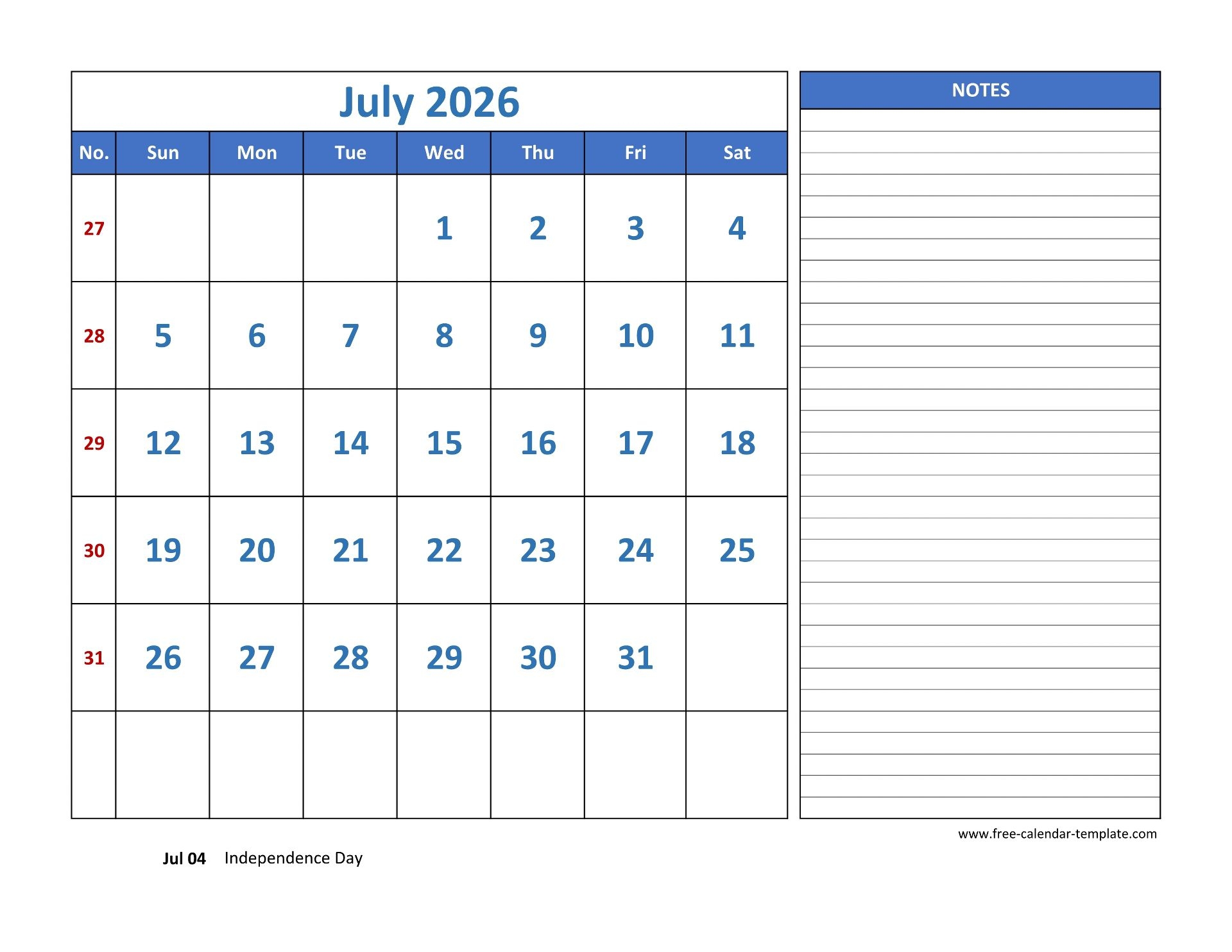 July 2026 Calendar With Holidays Printable
