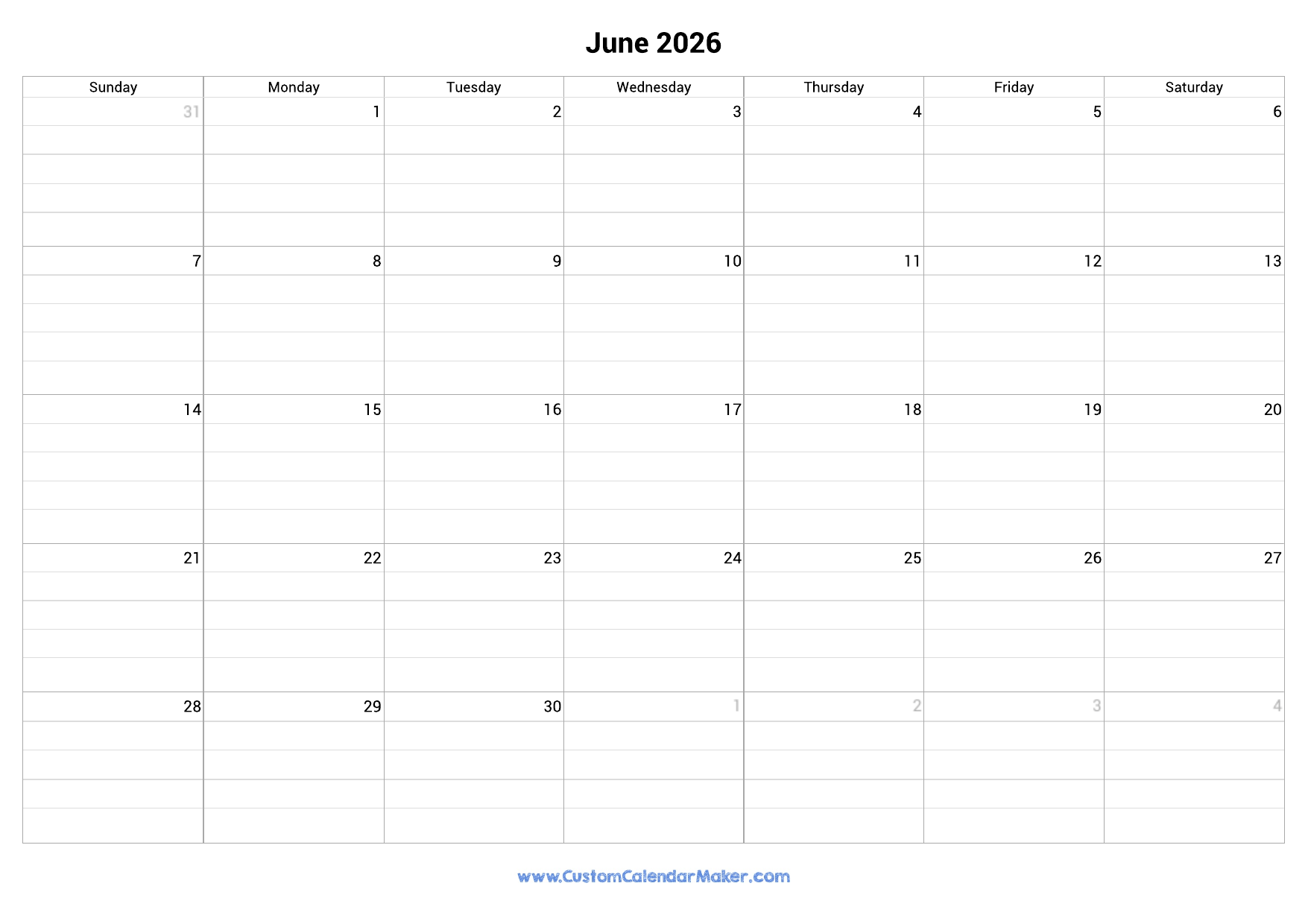 Free Printable Calendar With Lines 2026