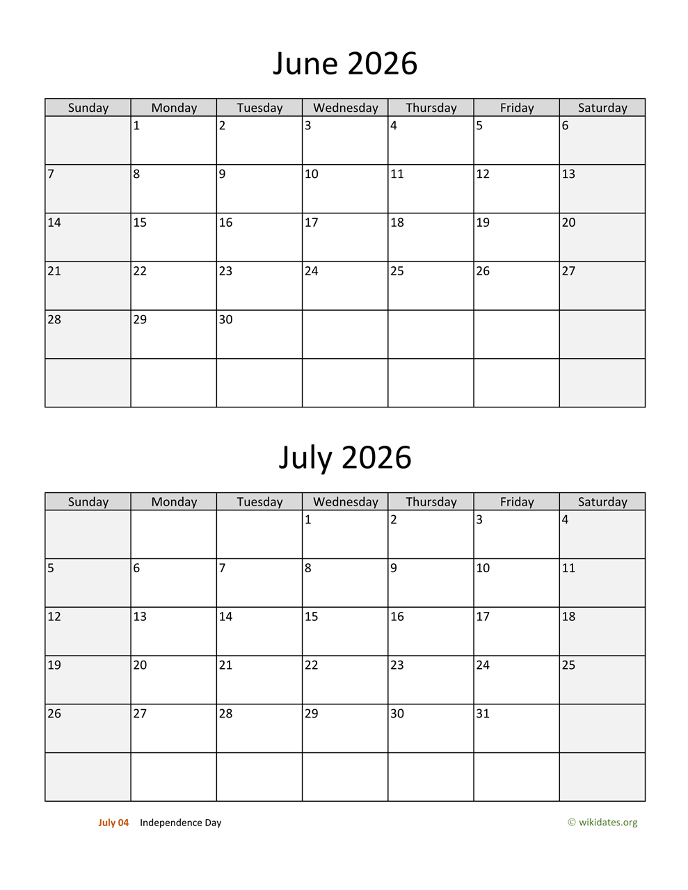 Printable June And July 2026 Calendar