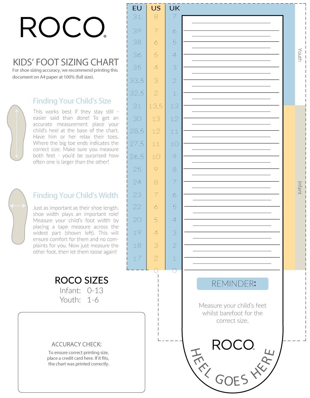 Foot Size Printable Chart