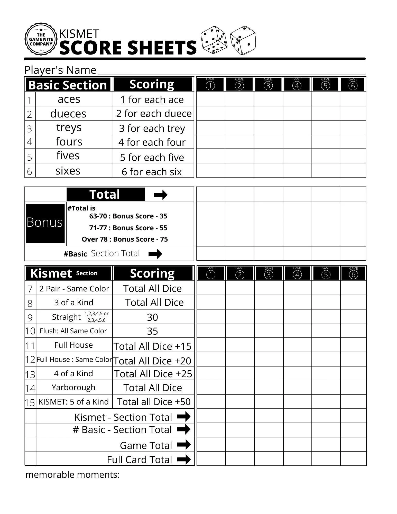 Kismet Score Sheet Printable Free