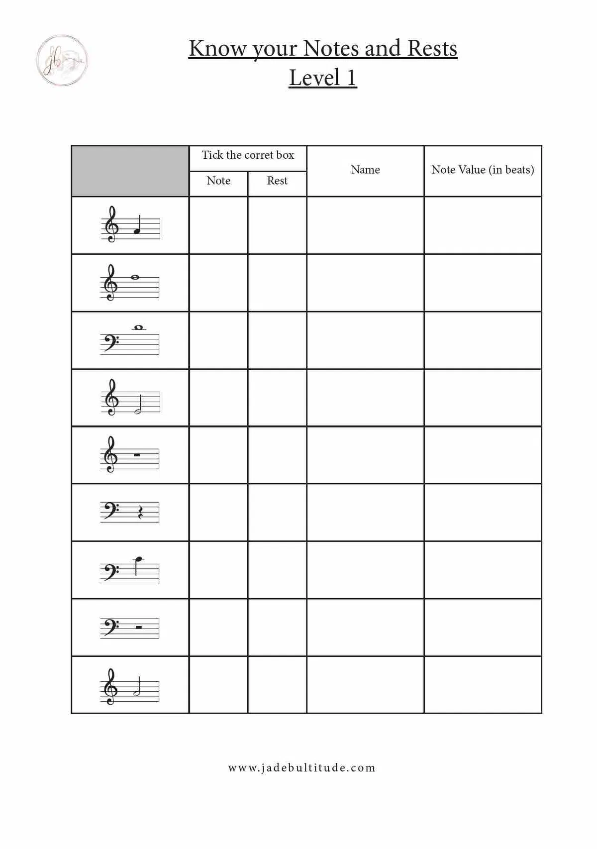 Printable Note And Rest Worksheet