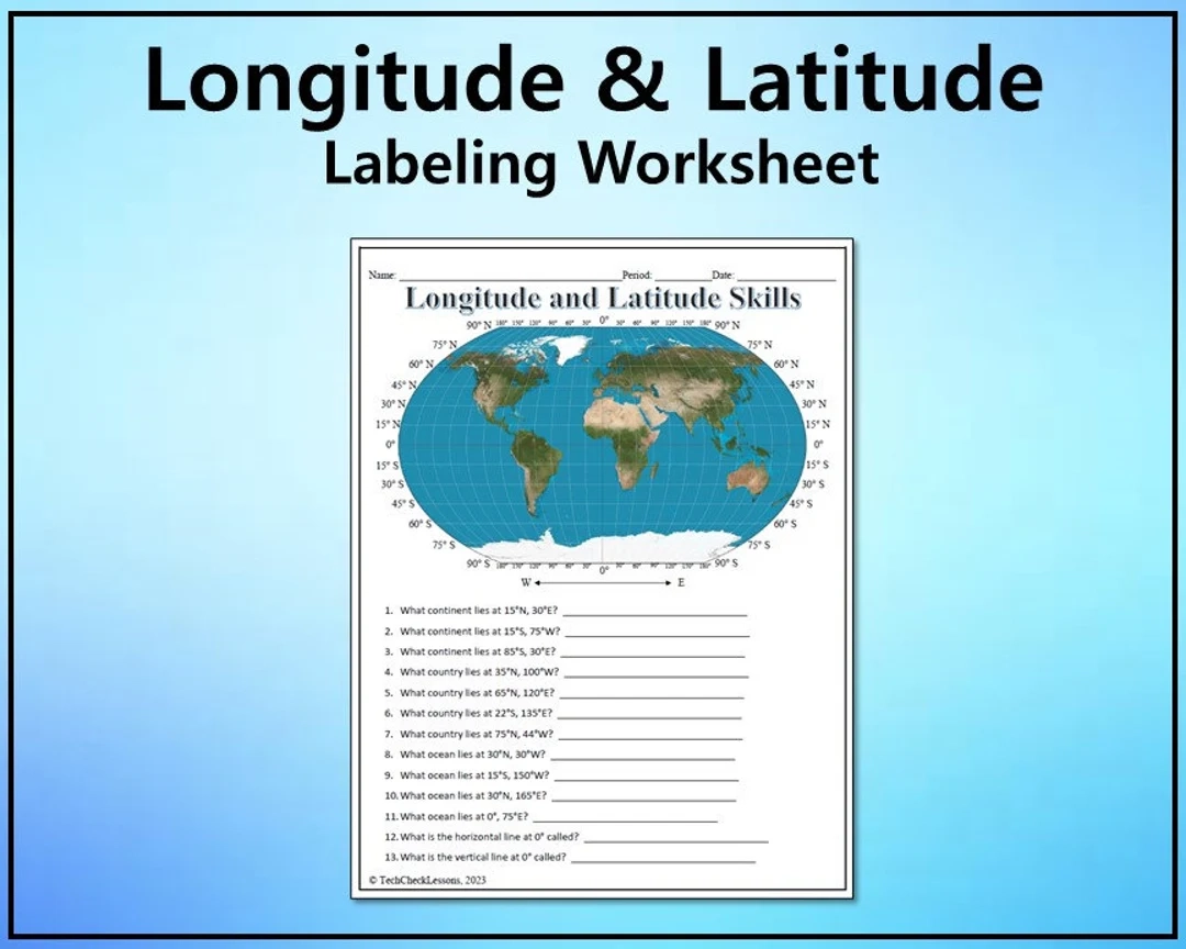 Longitude And Latitude Practice Labeling Worksheet Geography DIGITAL DOWNLOAD Etsy