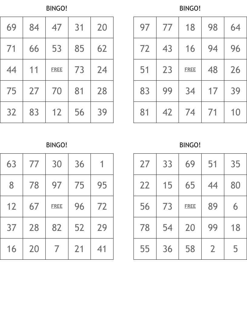 Printable Bingo Game Sheets