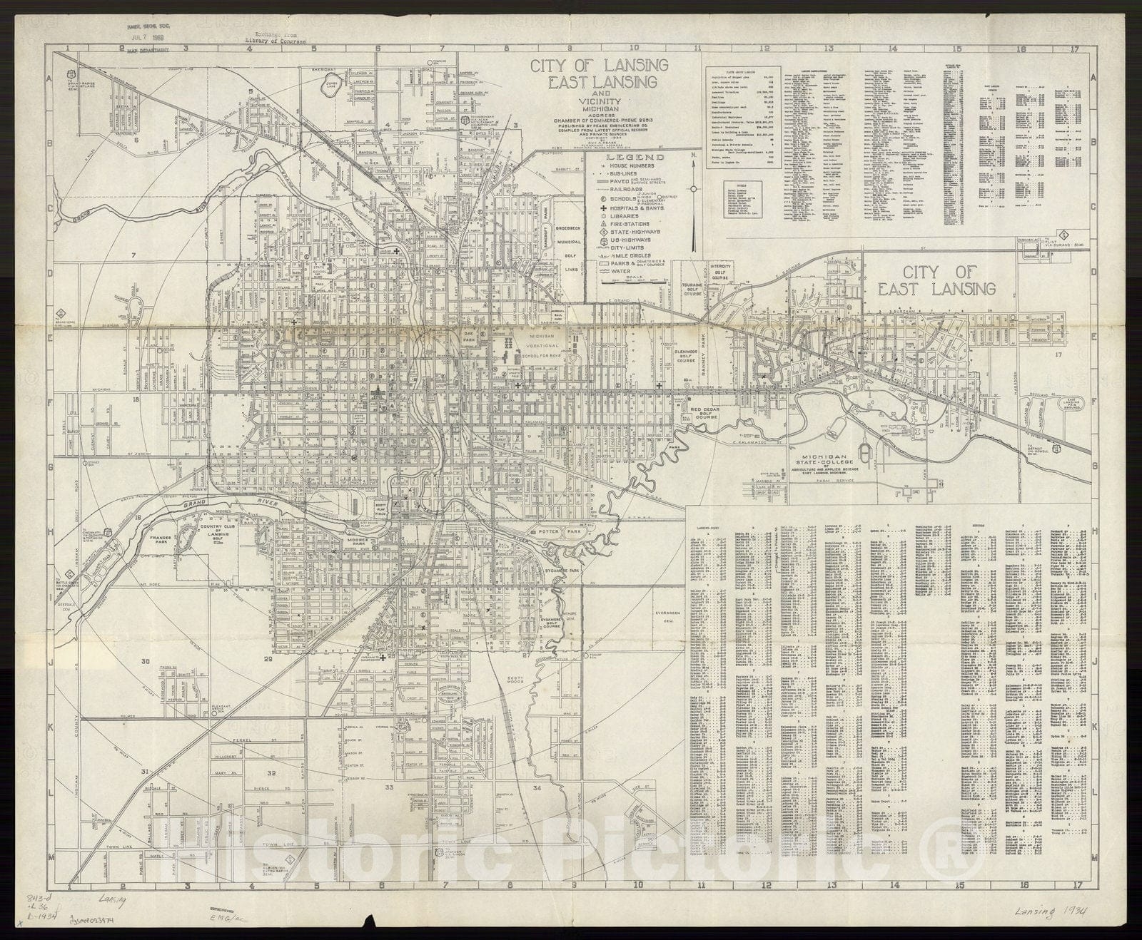 Map Lansing Michigan 1934 City Of Lansing East Lansing And Vicini Historic Pictoric