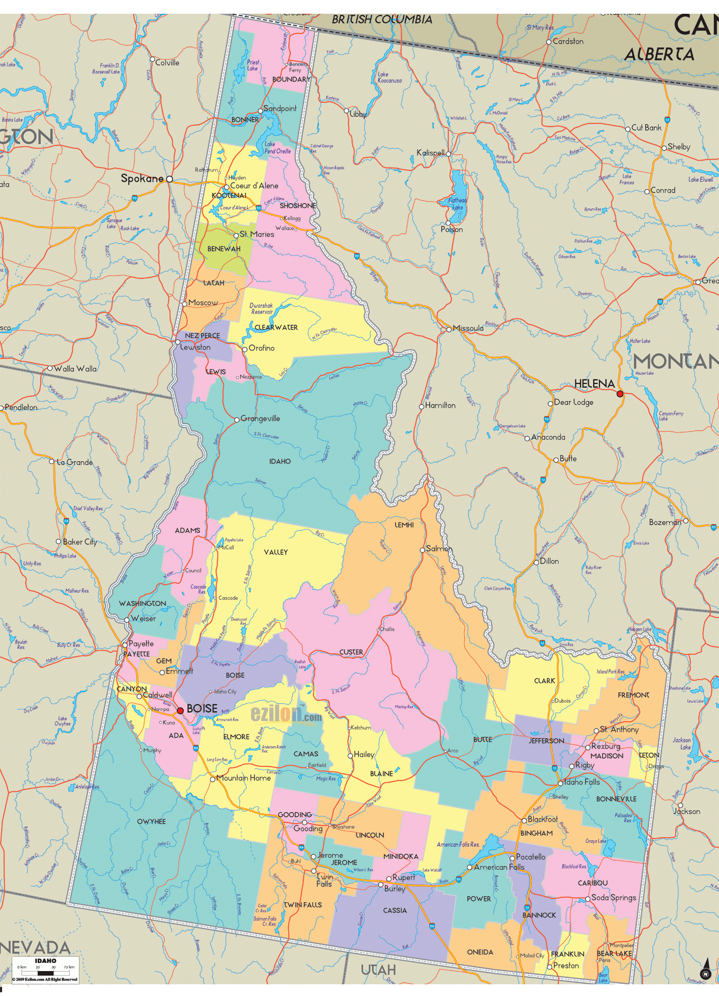 Map Of Idaho Detailed Idaho Map With Cities Counties And Roads Ezilon Maps