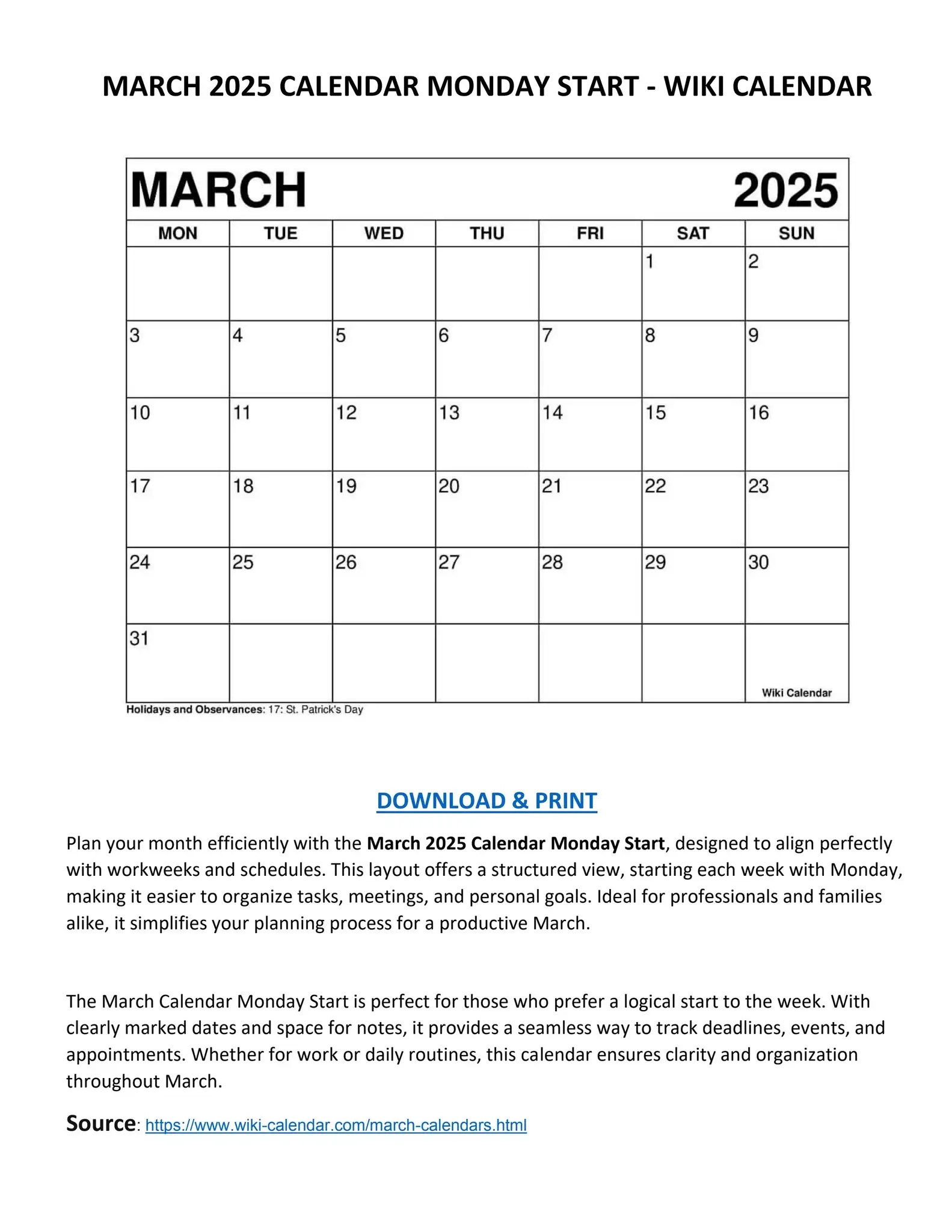 Printable Calendar For March Printable Calendar For March