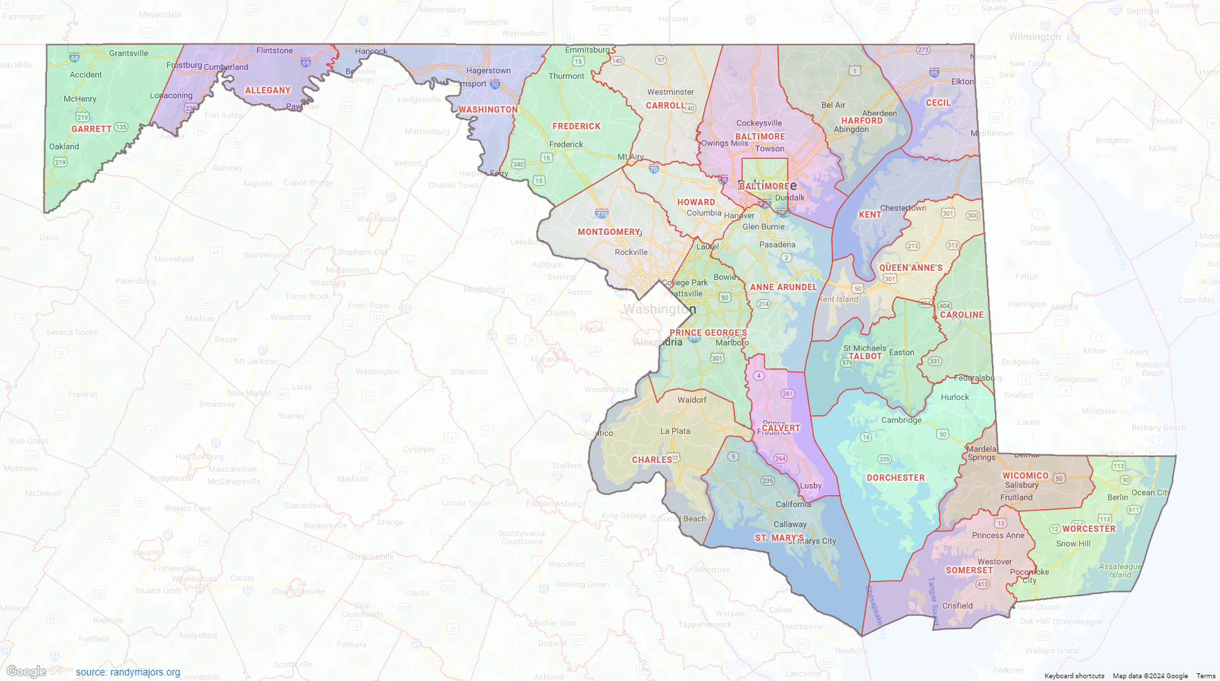 Maryland County Map Shown On Google Maps