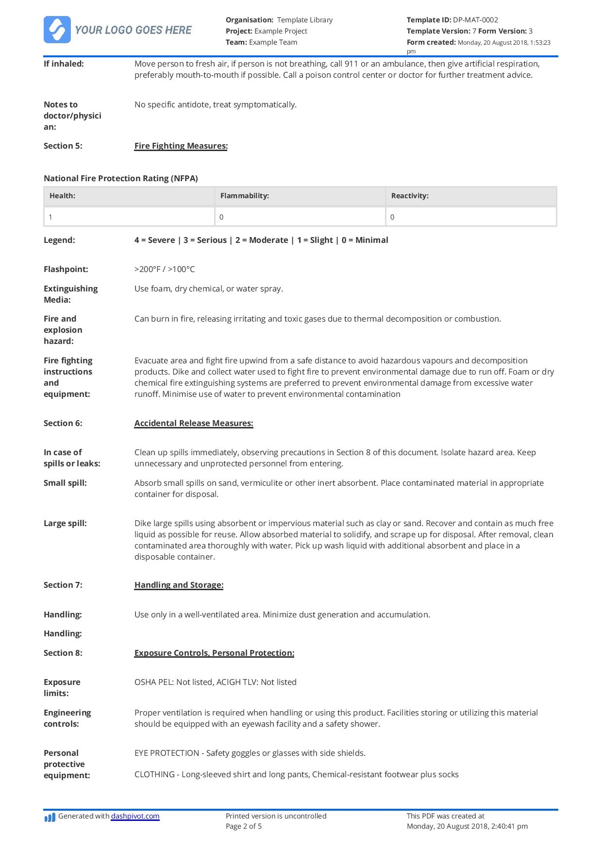 Material Safety Data Sheet Template Download For Free