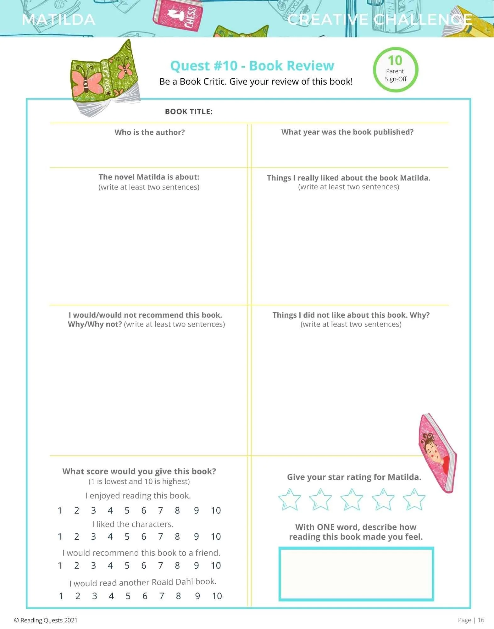 Matilda By Roald Dahl Free Printables Reading Quests