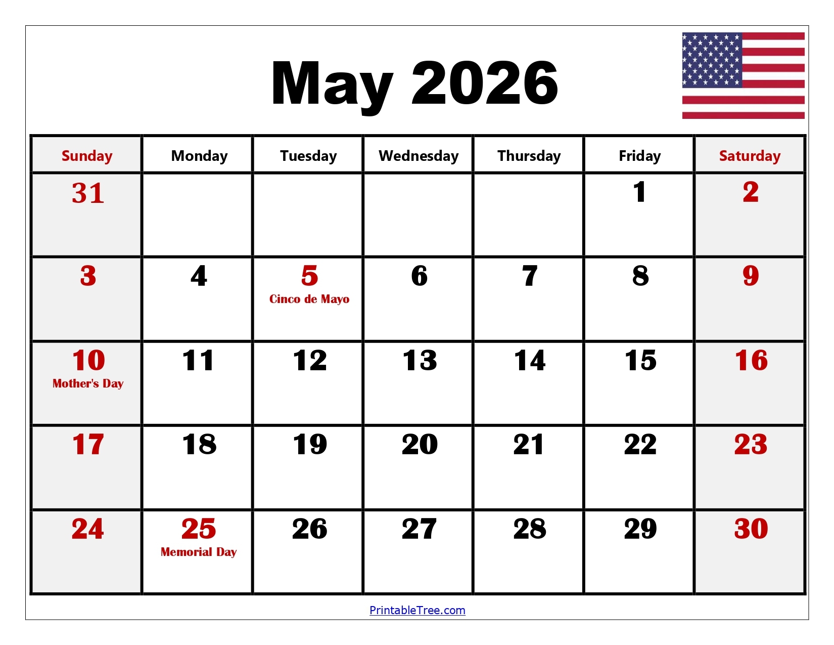 Printable 2026 May Calendar