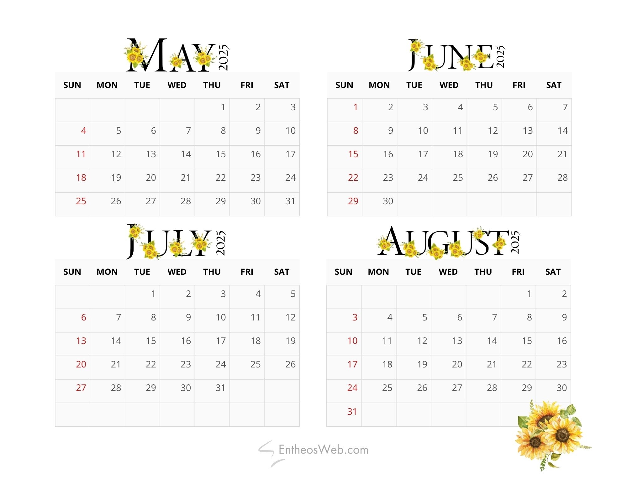 May June July August 4 Month Calendar EntheosWeb