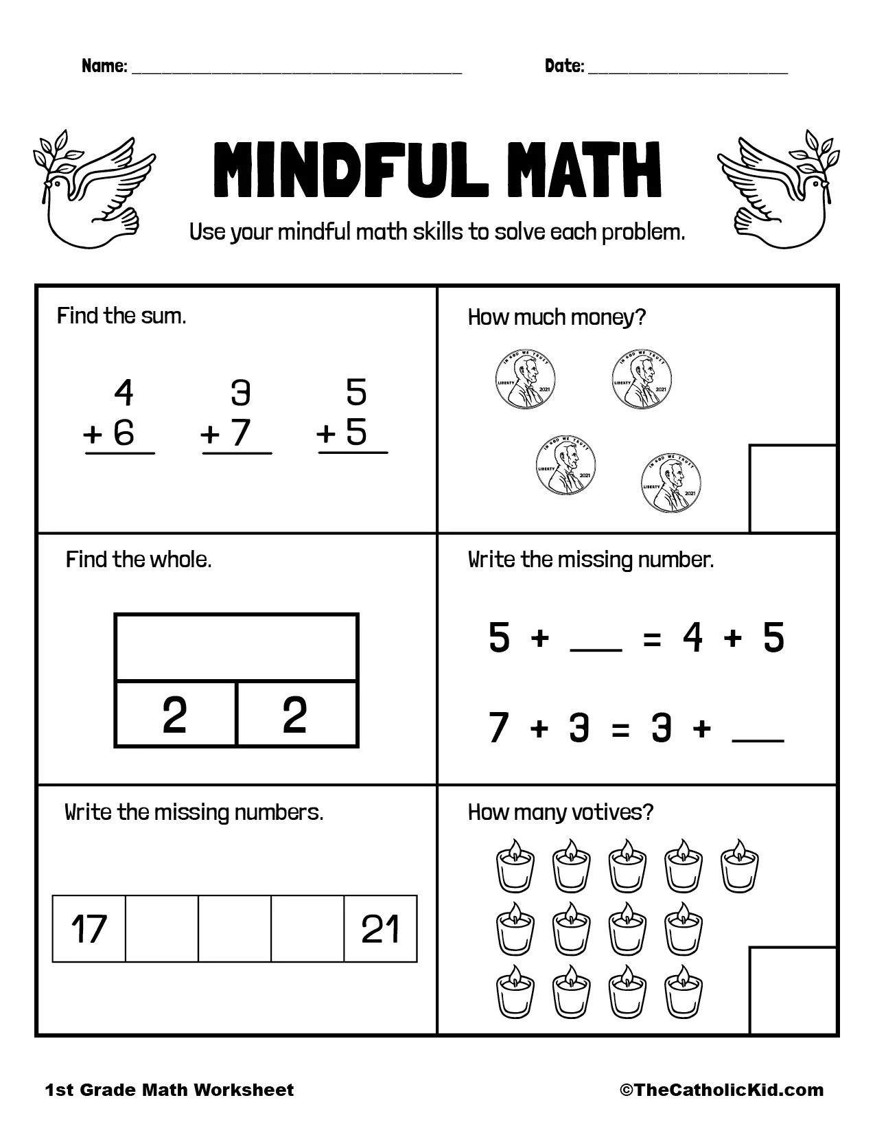 Mental Math Review 1st Grade Math Worksheet Catholic TheCatholicKid