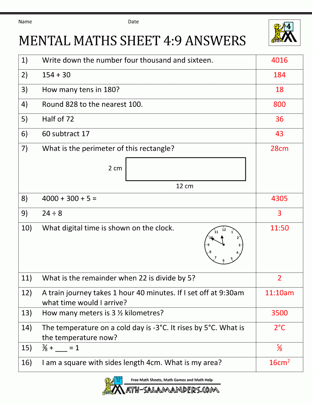 Mental Maths Test Year 4 Worksheets Worksheets Library