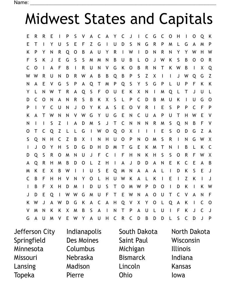 Mid West States And Capitals Word Search WordMint