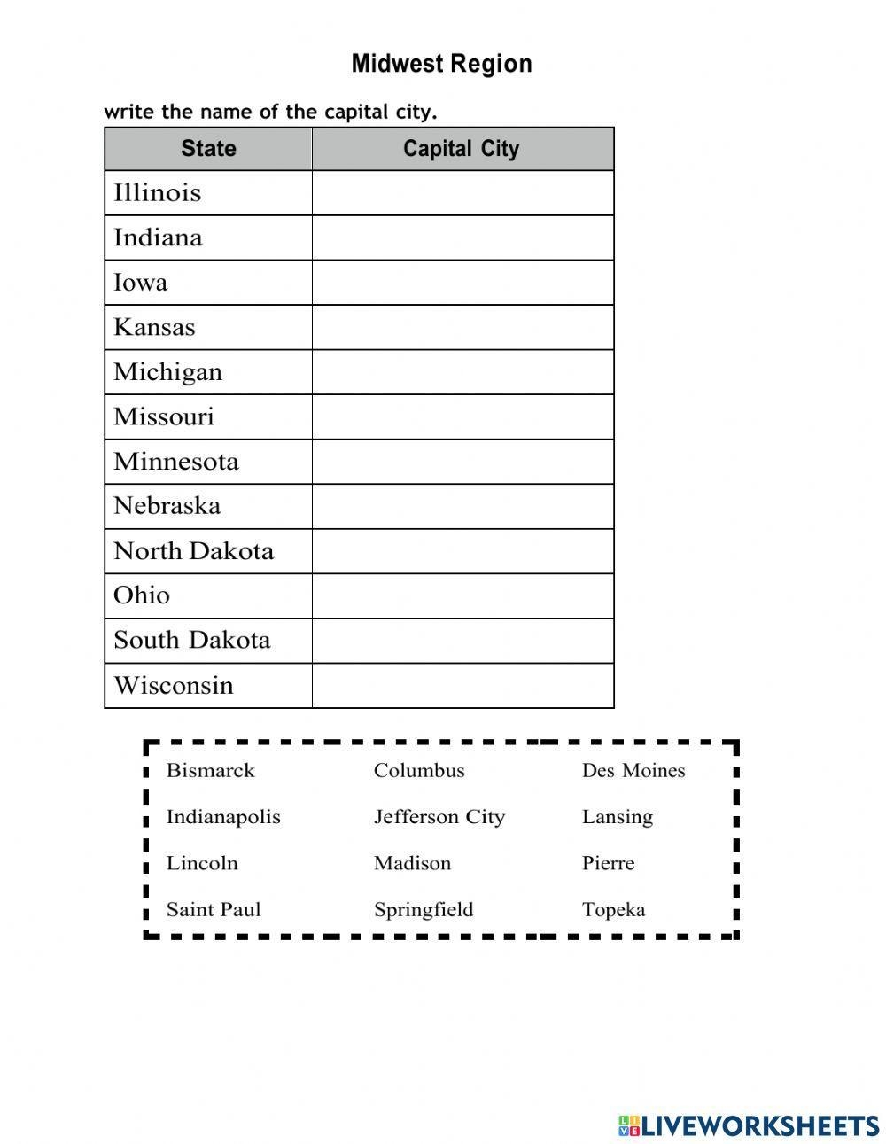 Midwest Region Free Interactive Worksheets 1203676