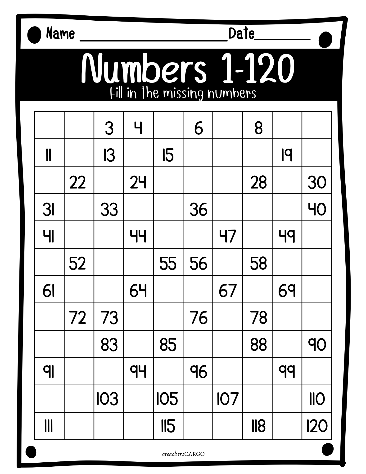120 Chart Missing Numbers Printable