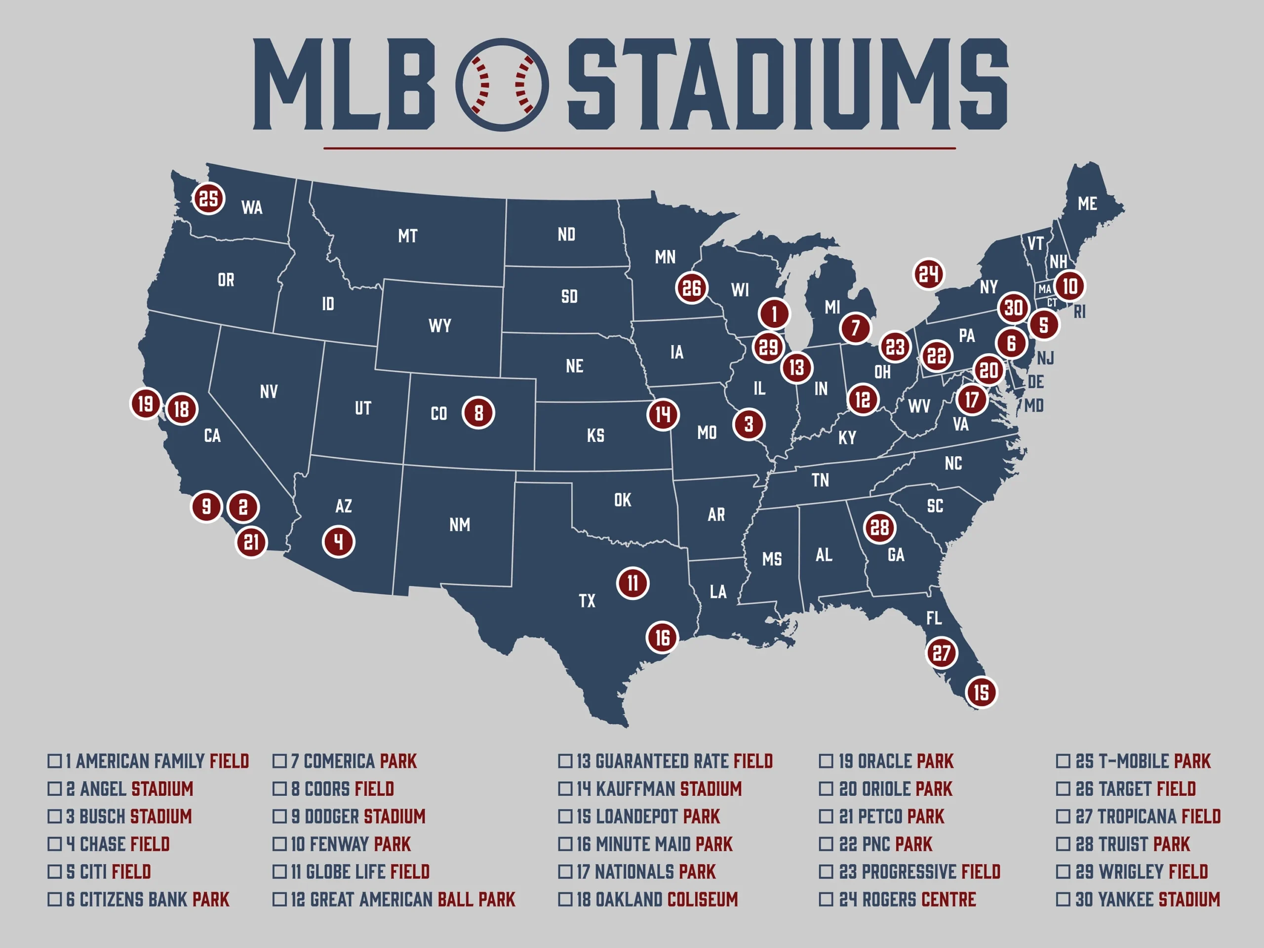 MLB Stadium Map Baseball Stadium Map Ballpark Map MLB Stadium 