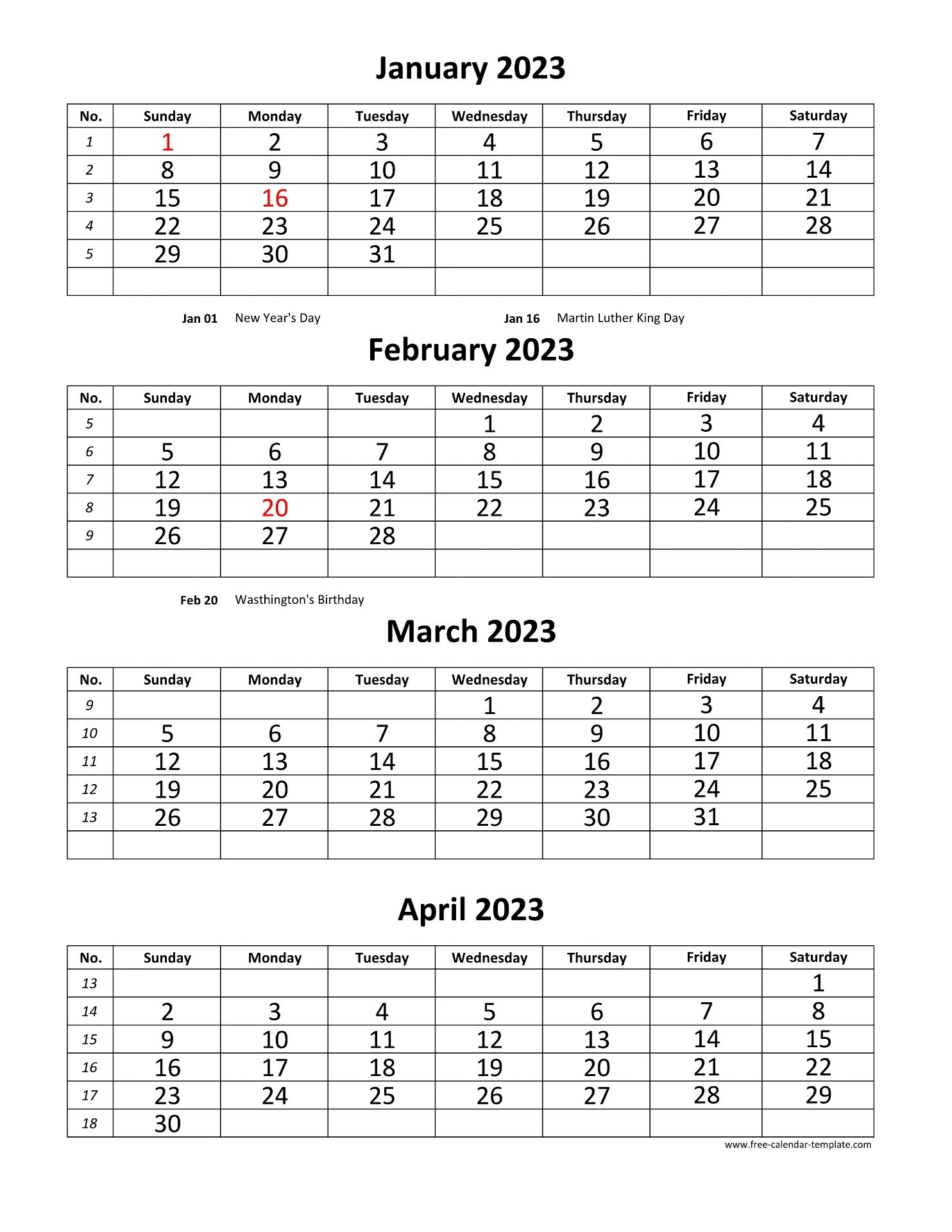 Four Month Printable Calendar