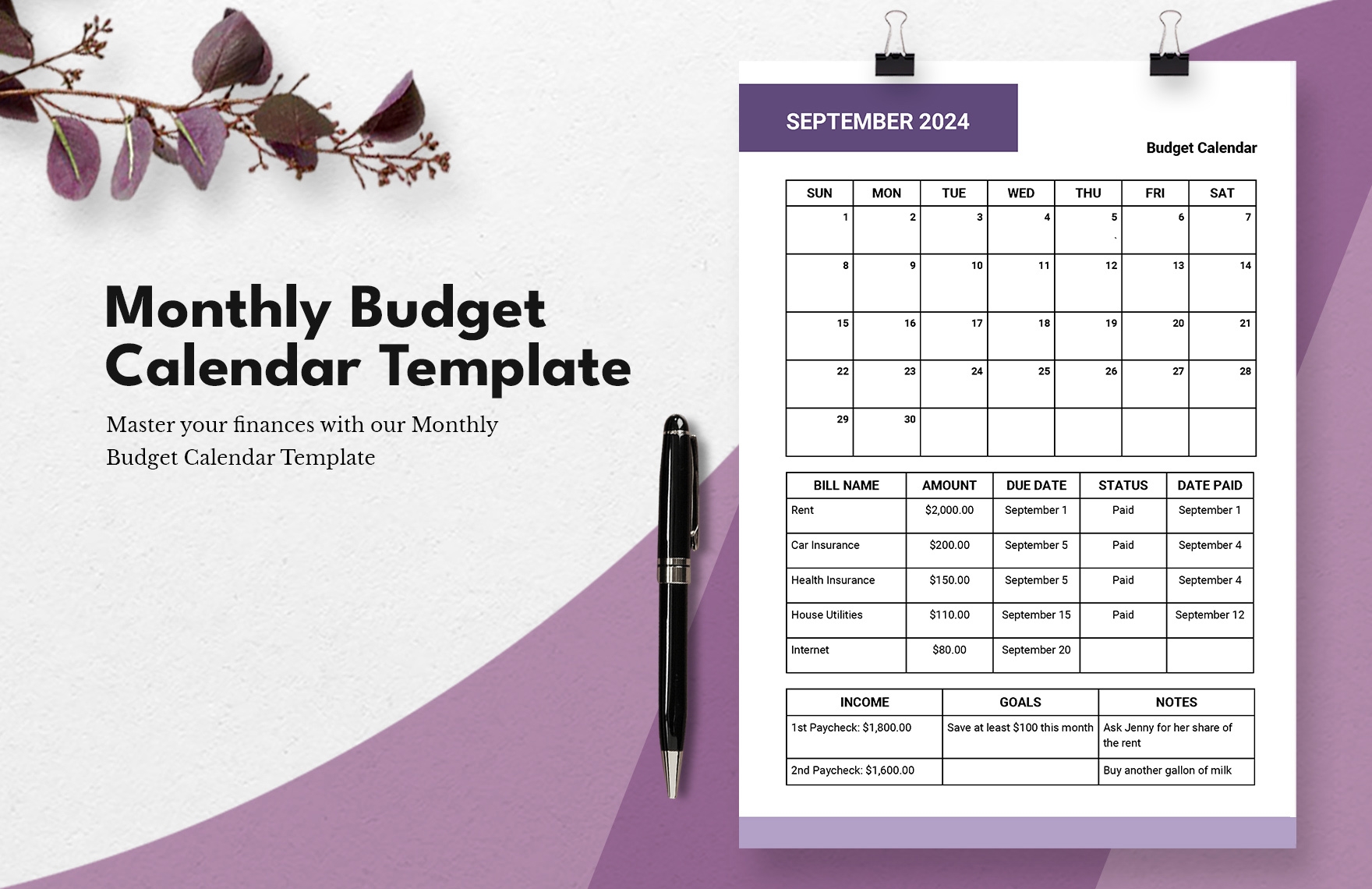Monthly Budget Calendar Template In PDF Word Google Docs Download Template