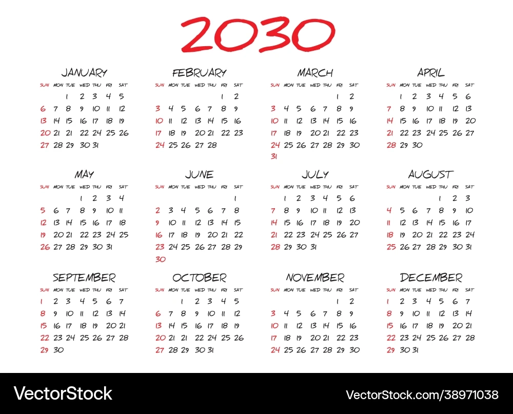 Monthly Calendar Template For 2030 Year Royalty Free Vector VectorStock