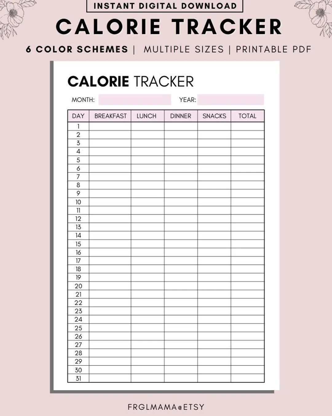 Monthly Calorie Tracker Printable A4 A5 US Letter PDF Download Etsy Israel