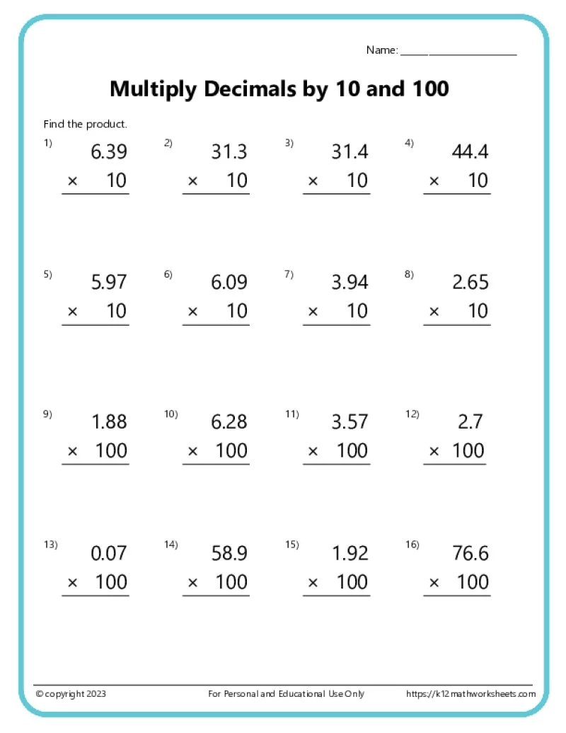 Multiplying Decimals Free Printable Worksheets