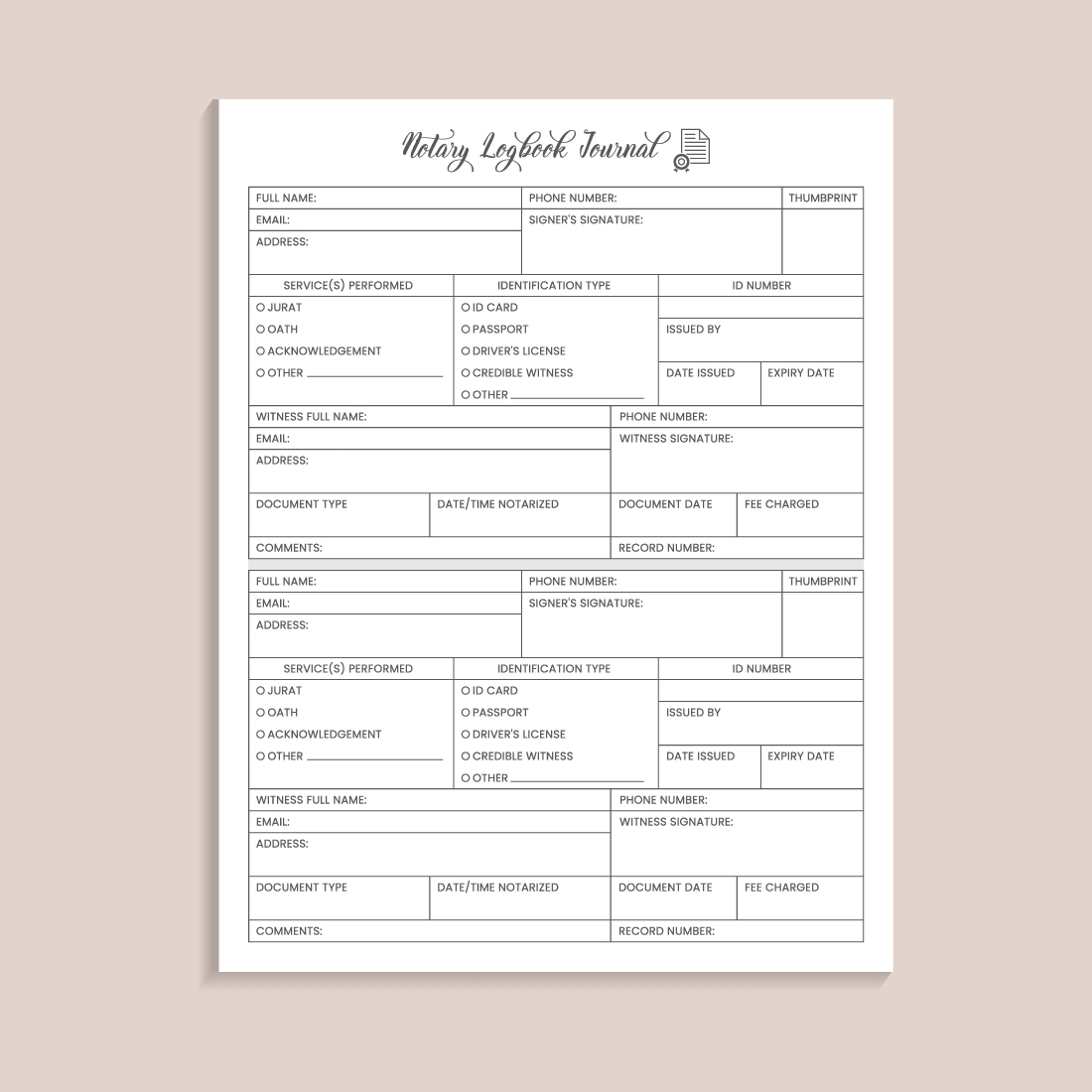 Printable Notary Log Sheet