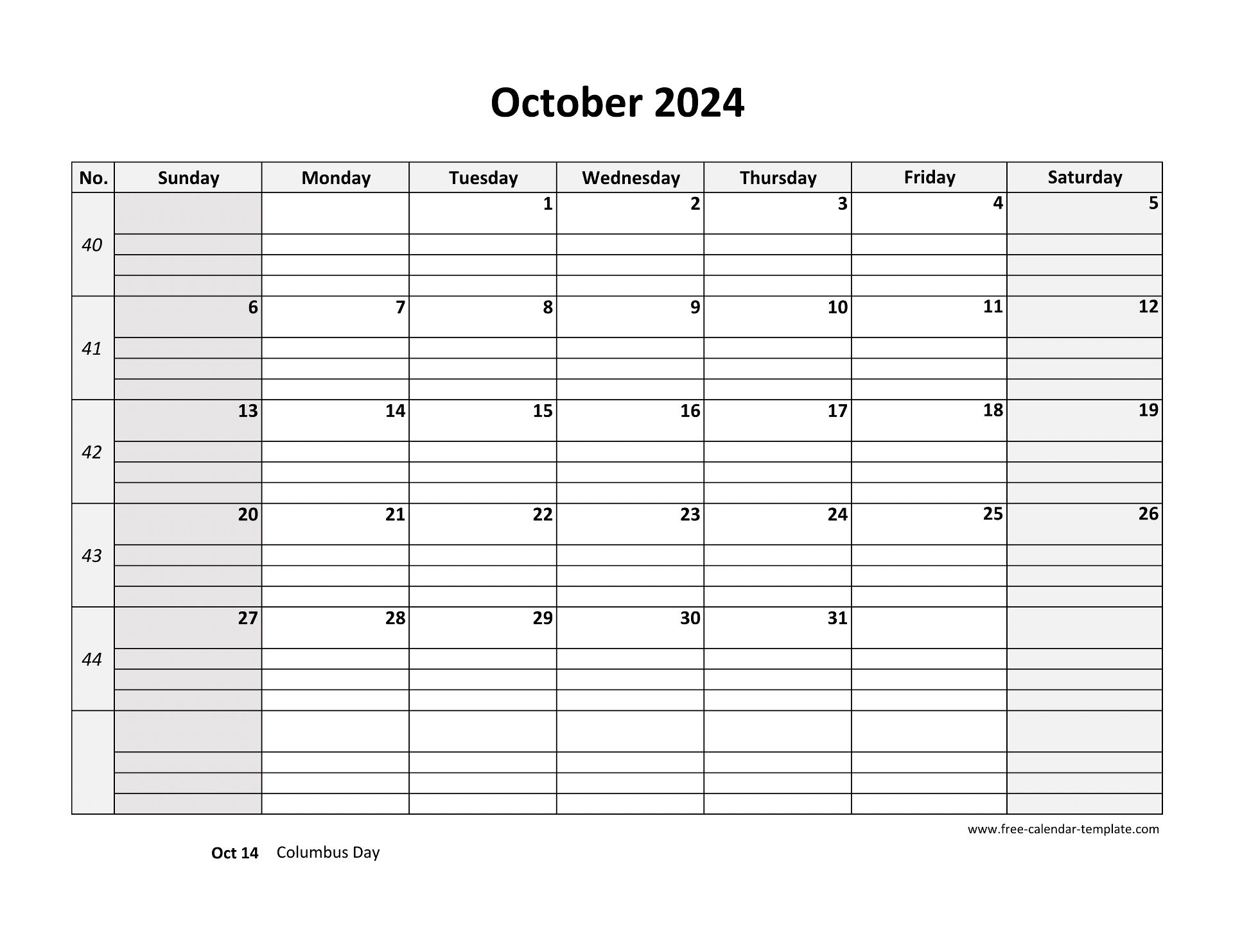 October 2024 Calendar Free Printable With Grid Lines Designed horizontal Free calendar template