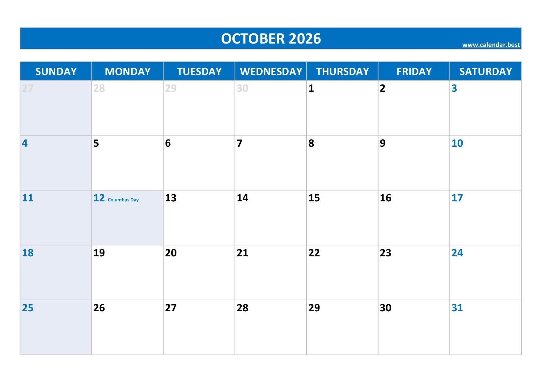 October 2026 Calendar Calendar best
