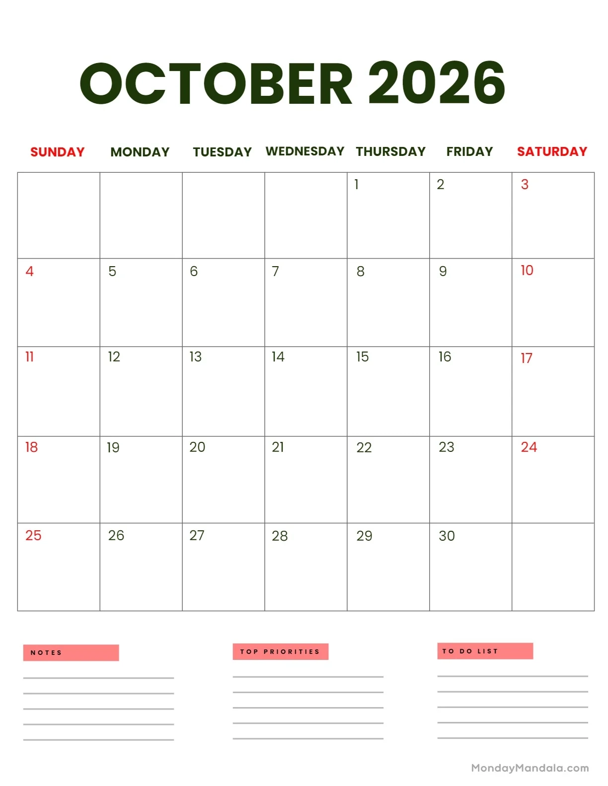 October Calendar Printable