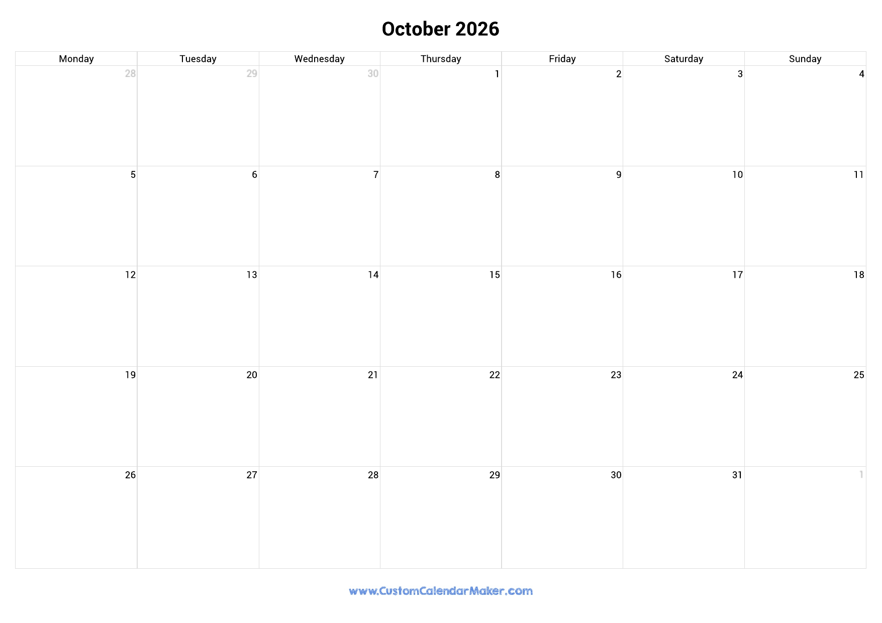 2026 Printable Calendar Starting Monday