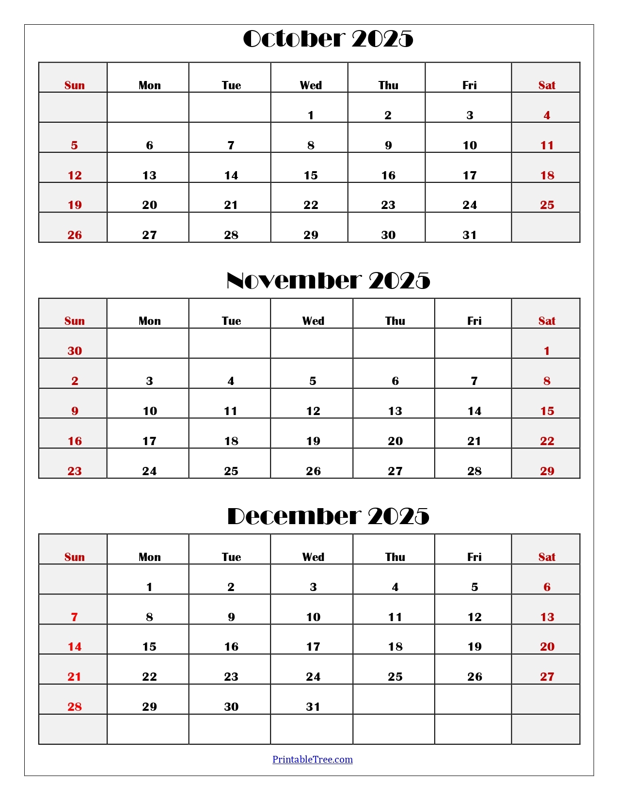 Printable October November December Calendar