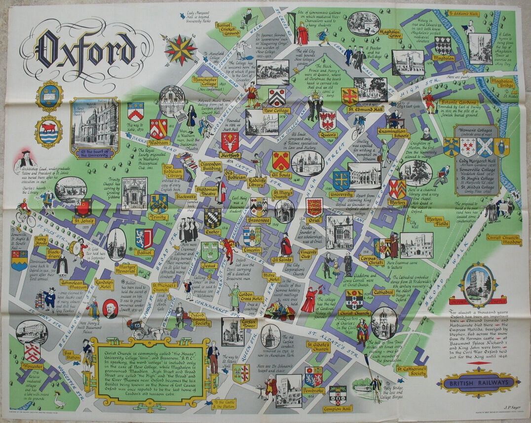Original British Railway Poster Oxford Colleges Map JP Sayer