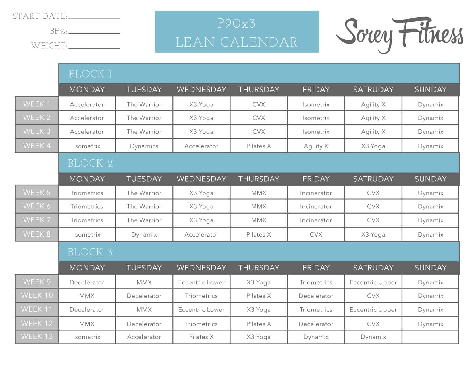 P90x Classic Workout Calendar Printable