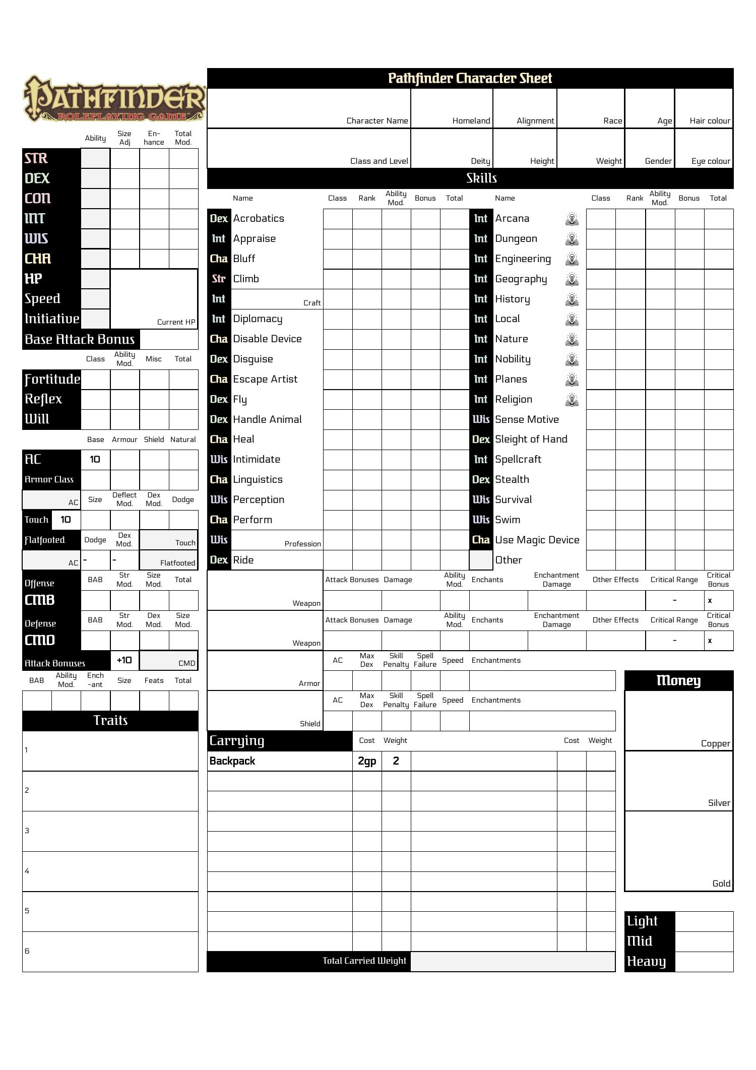 Pathfinder 1e Character Sheet Printable