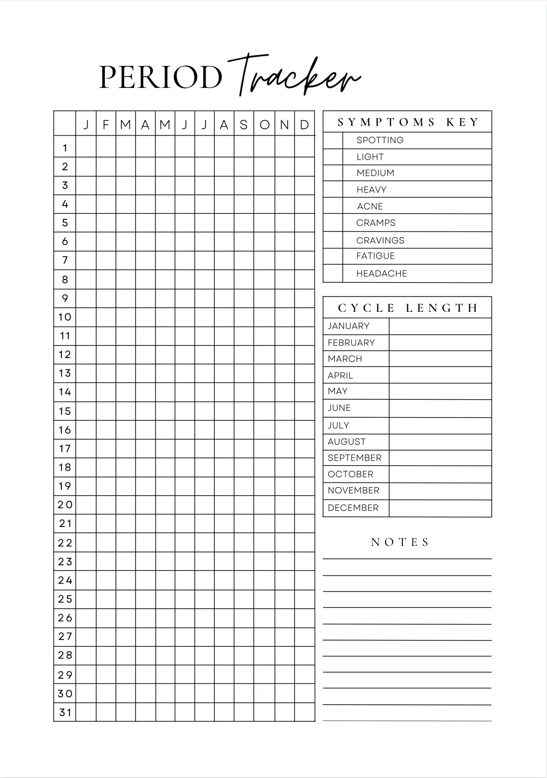 Period Tracking Calendar Printable