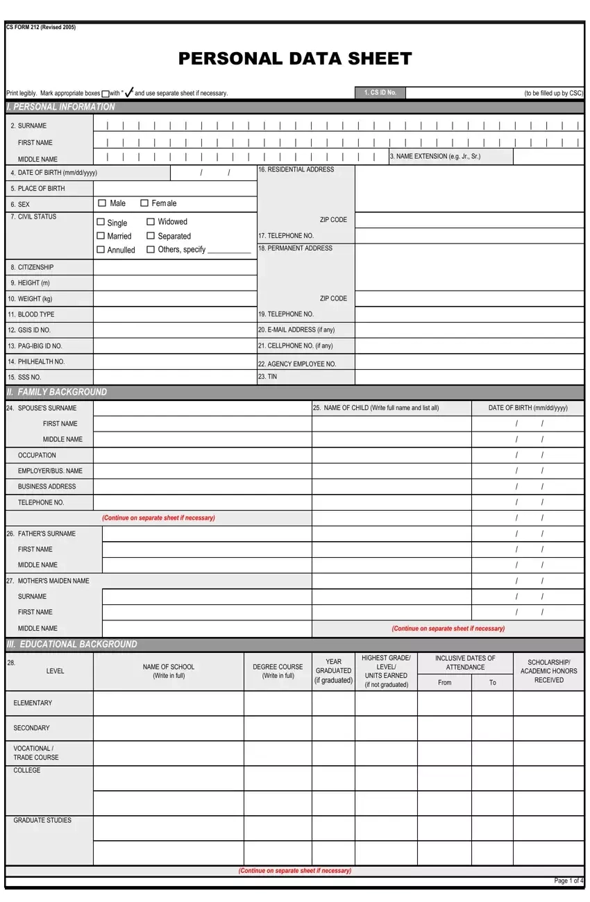 Printable Personal Data Sheet