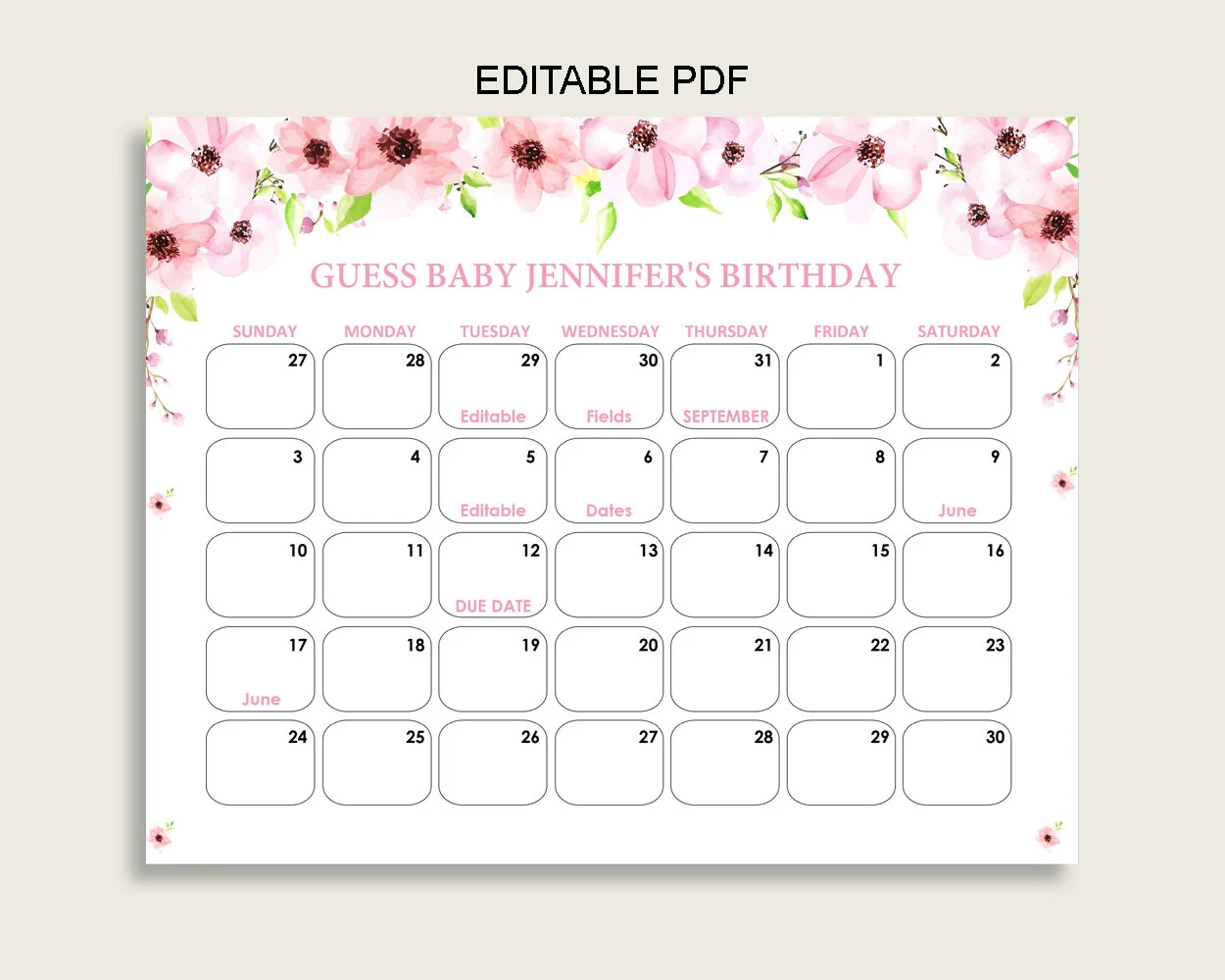 Guess The Due Date Calendar Printable