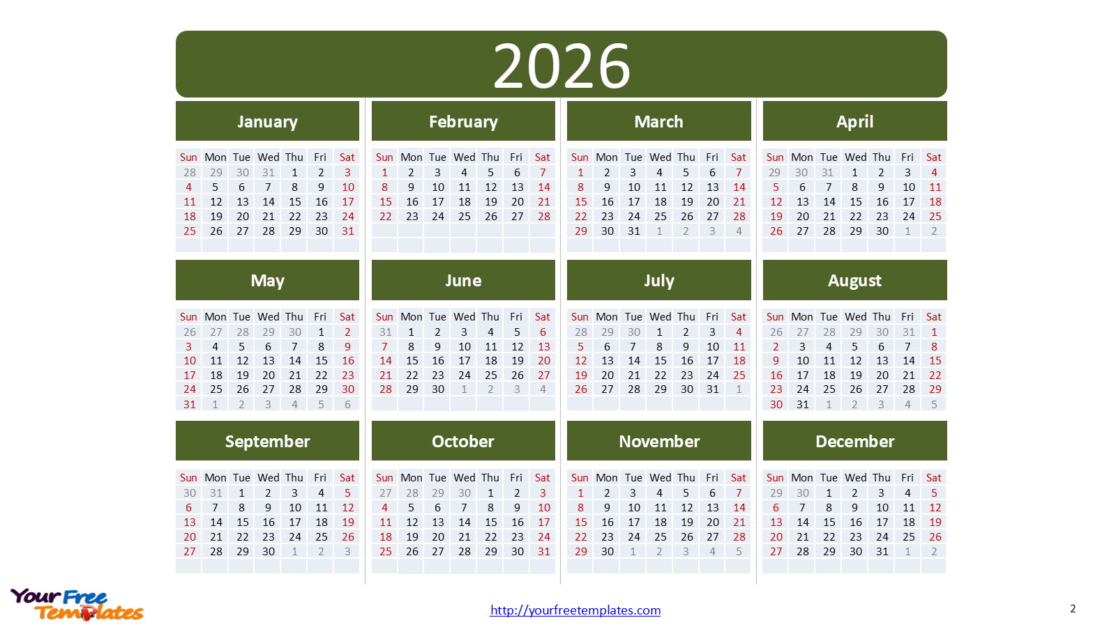 Printable 2026 Calendar Uk