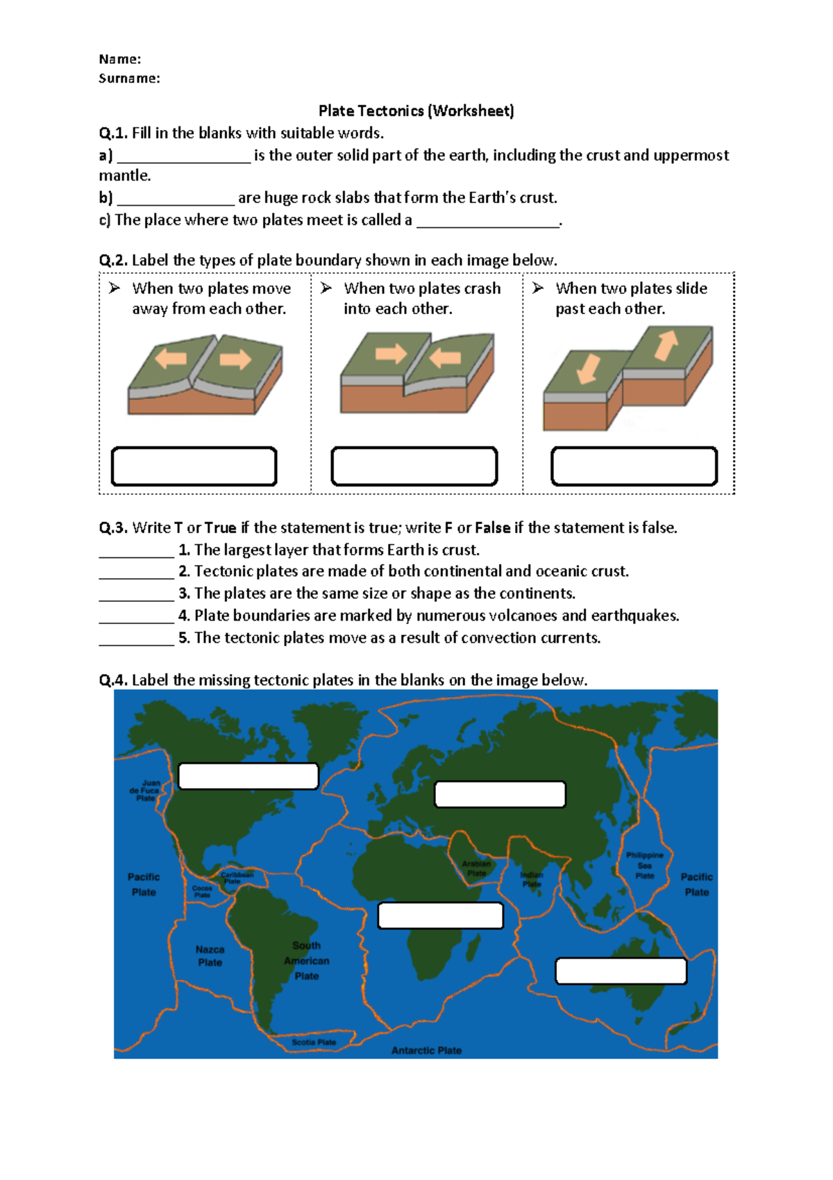 Printable Plate Tectonics Worksheet