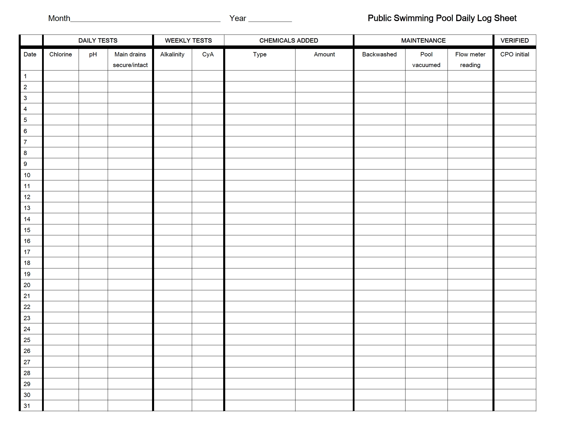 Printable Pool Chemical Log Sheet