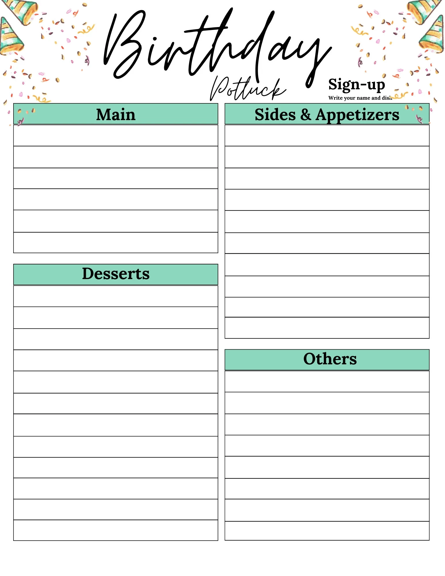 Potluck Sign Up Sheet Birthday Potluck Sign Up Sheet Birthday Potluck Sheet Potluck Sign Up Printable Potluck Sign Up Etsy