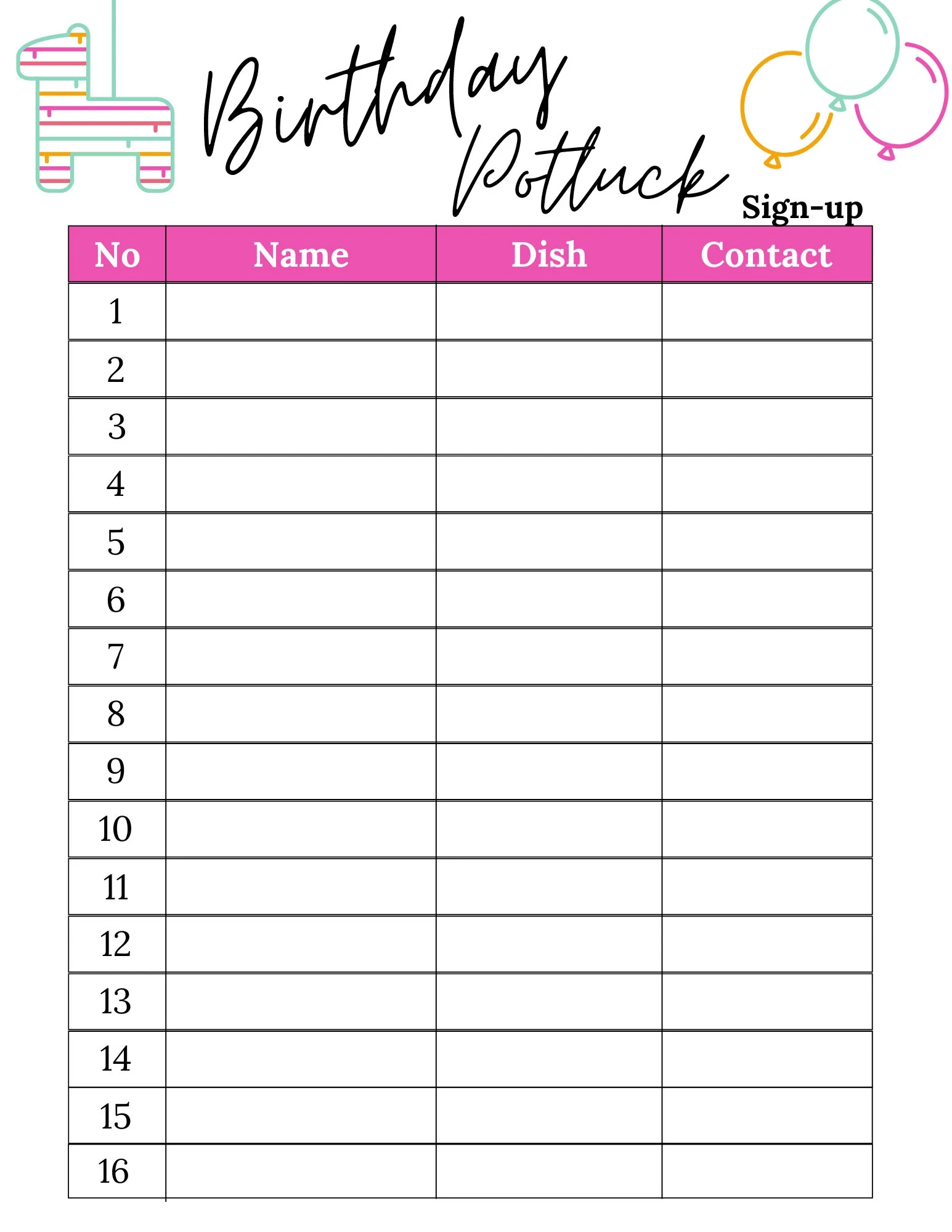 Printable Birthday Potluck Sign Up Sheet