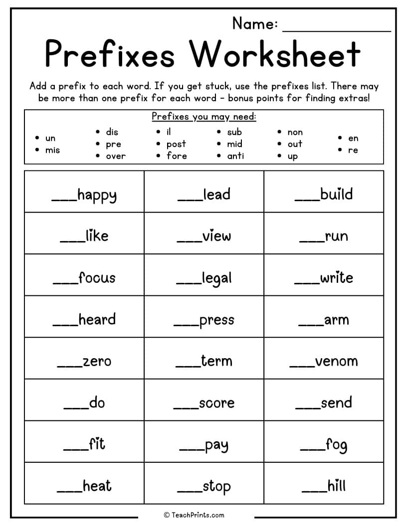 Prefix Worksheets 10 Free PDF Printables Teach Prints