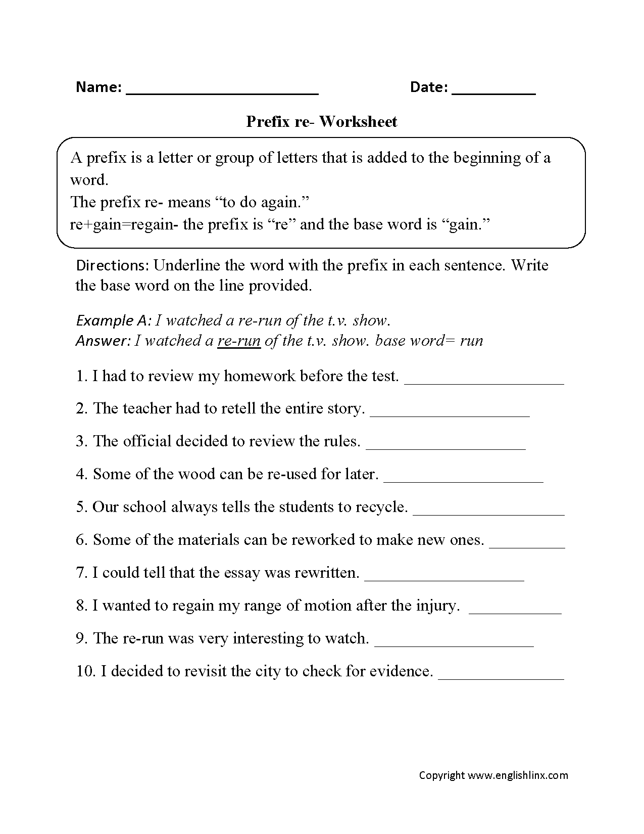 Prefixes Worksheets Prefix Re Worksheet